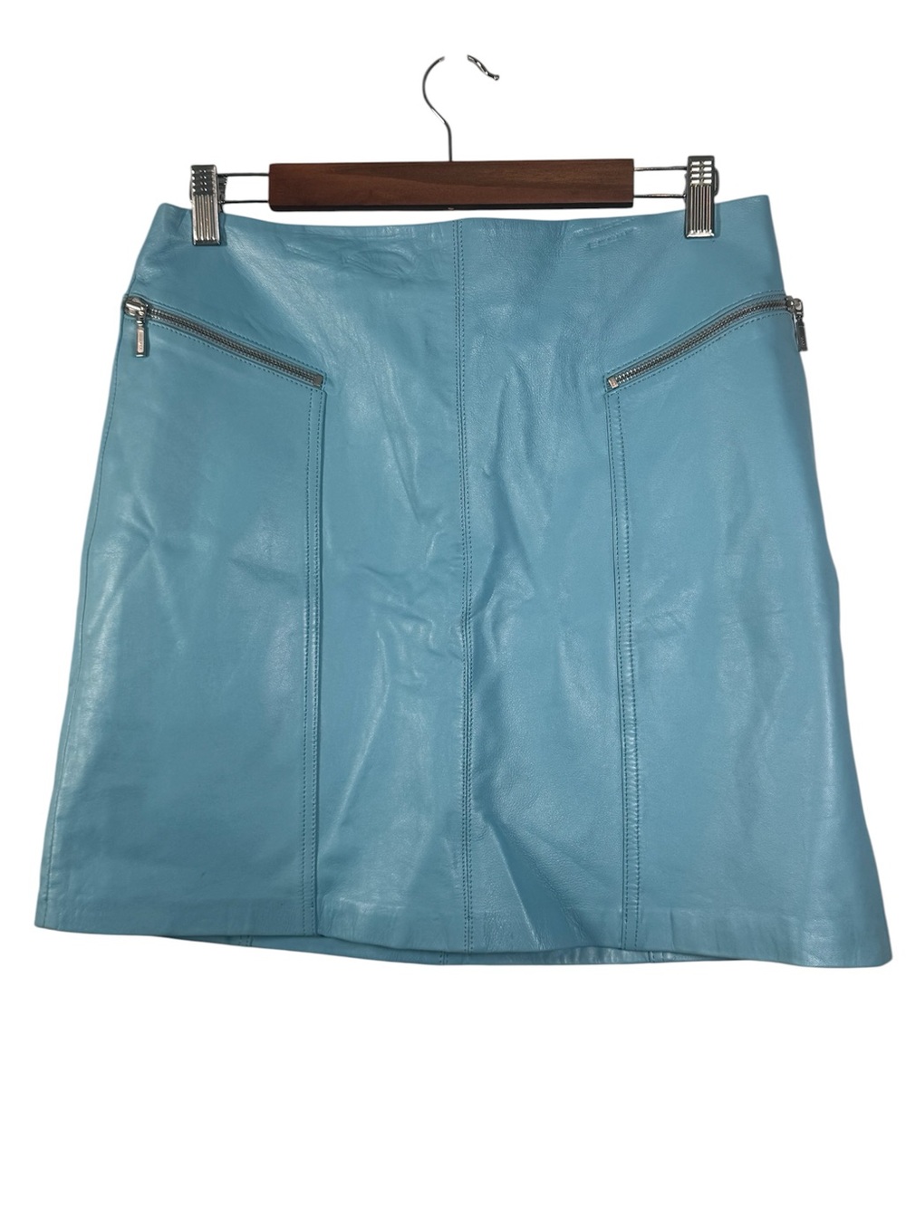 Vintage Cache 100% Leather Mini Skirt Size 8 Sky Blue Zip Pocket Y2K 90s 2000s